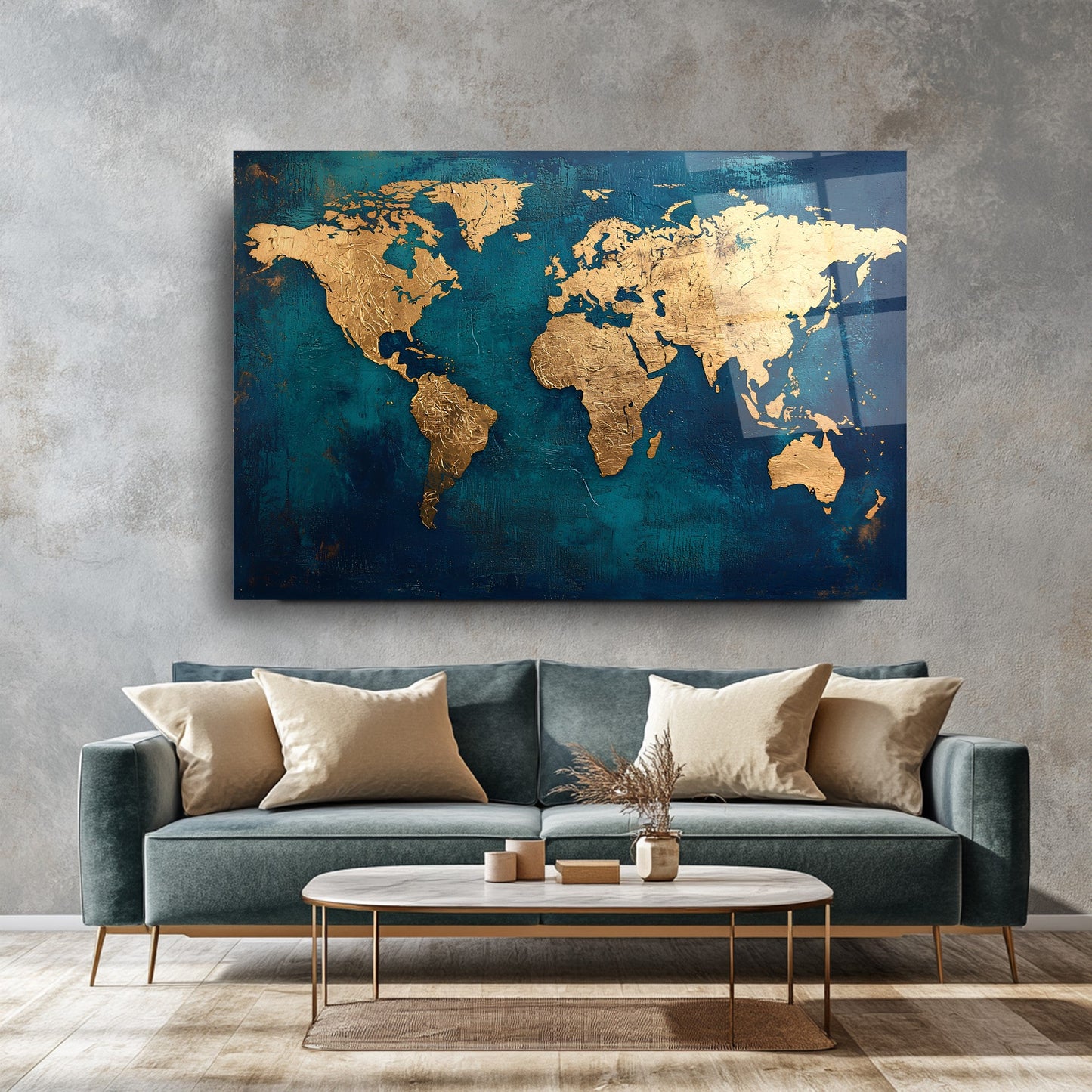 Gold Dünya Haritası Cam Tablo