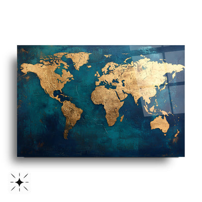 Gold Dünya Haritası Cam Tablo