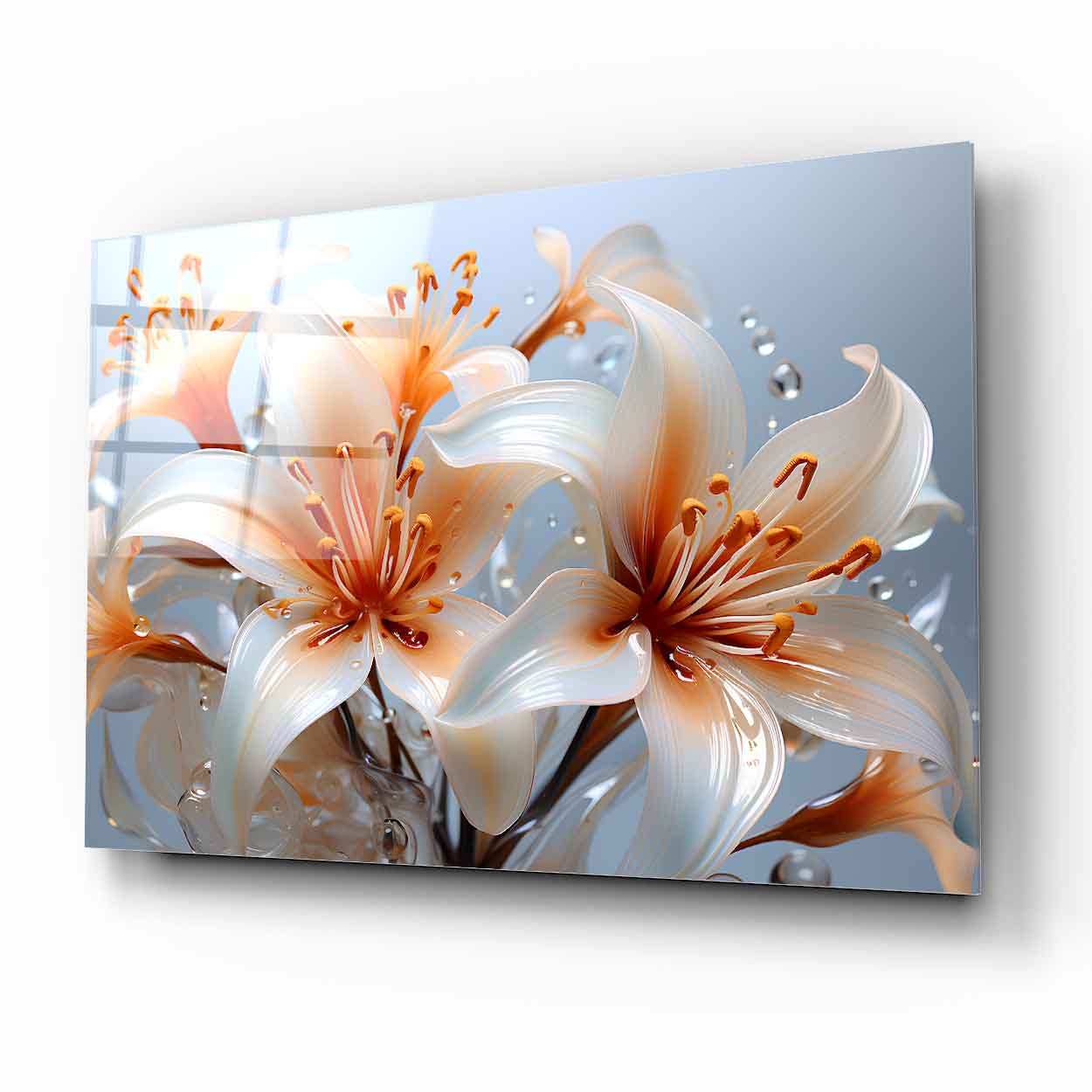 Turuncu Beyaz Çiçekler Cam Tablo