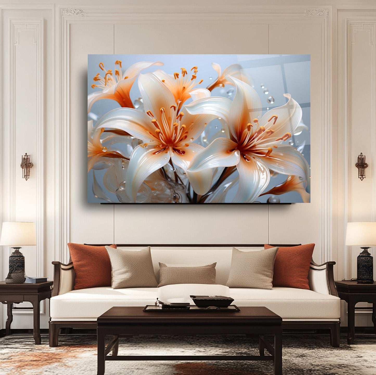 Turuncu Beyaz Çiçekler Cam Tablo