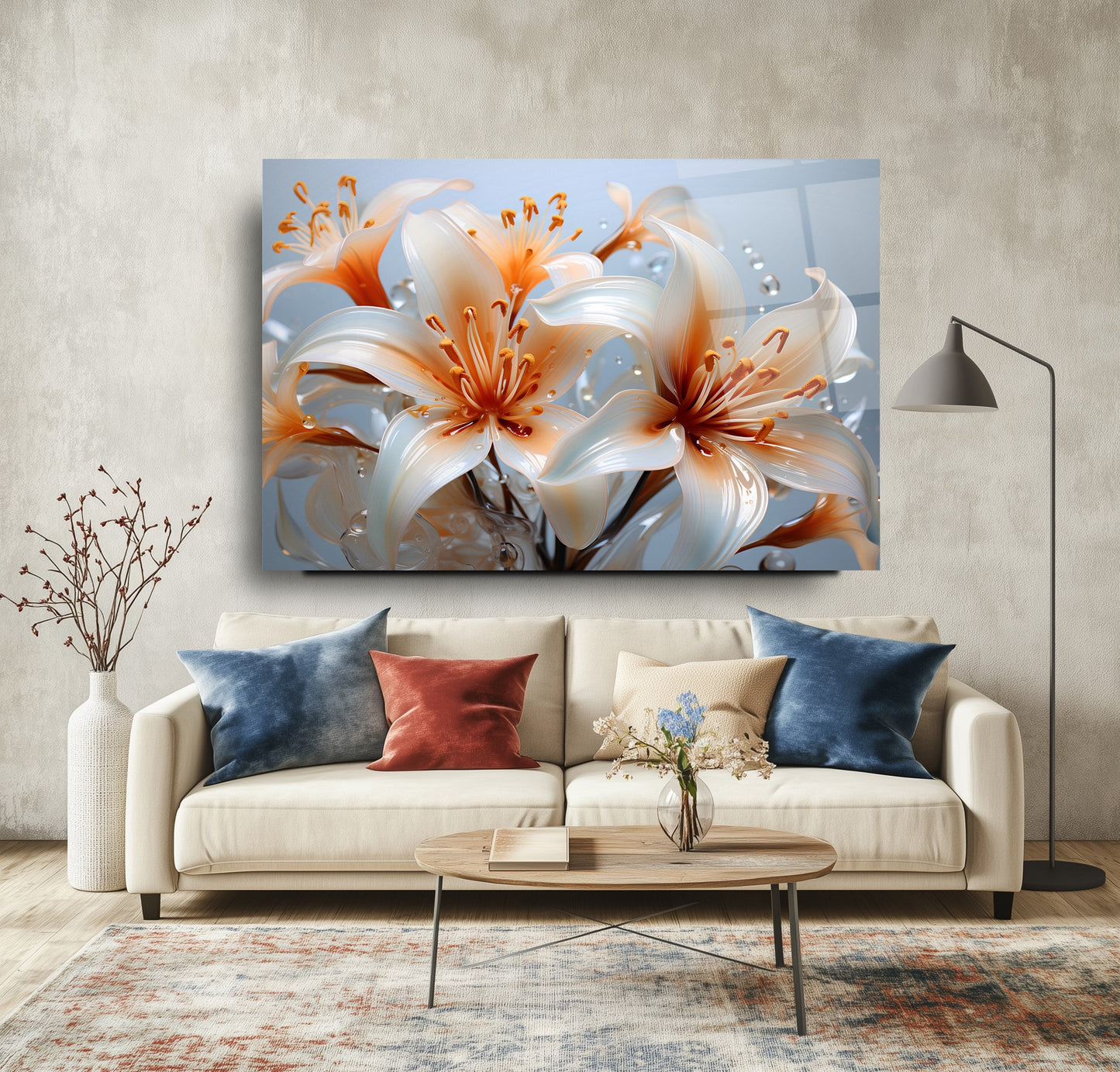 Turuncu Beyaz Çiçekler Cam Tablo