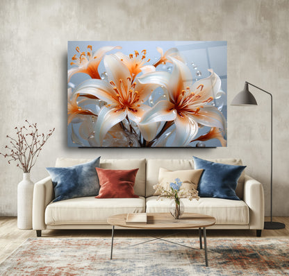 Turuncu Beyaz Çiçekler Cam Tablo