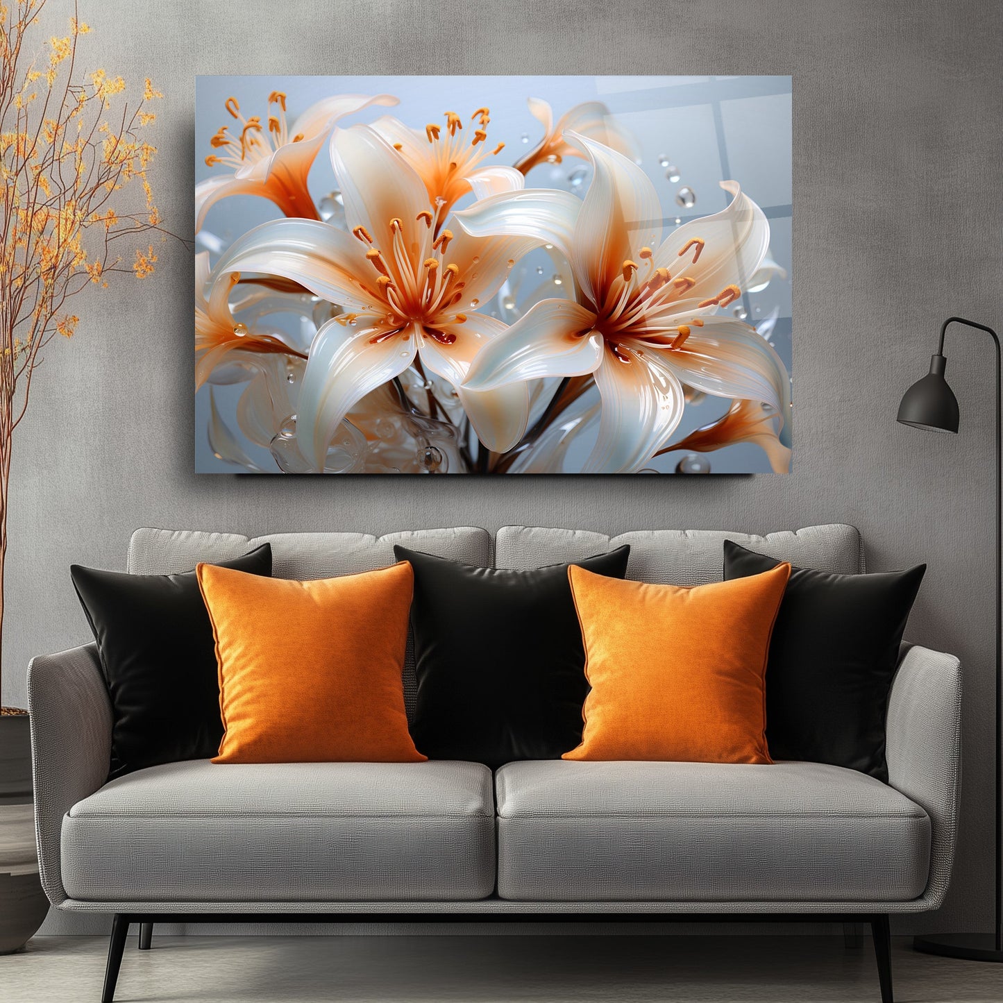 Turuncu Beyaz Çiçekler Cam Tablo