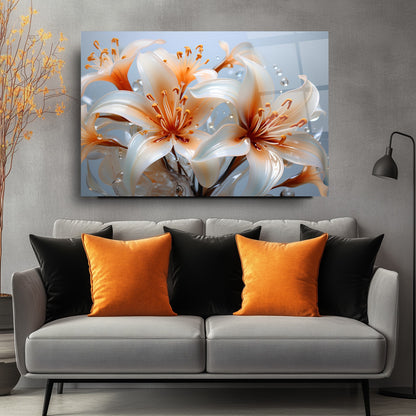 Turuncu Beyaz Çiçekler Cam Tablo