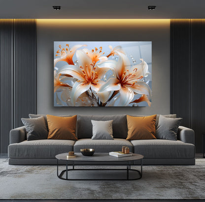 Turuncu Beyaz Çiçekler Cam Tablo