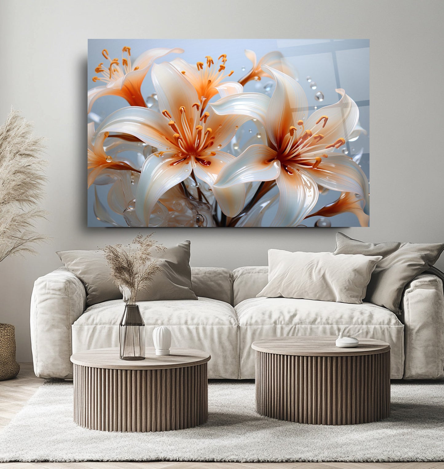 Turuncu Beyaz Çiçekler Cam Tablo