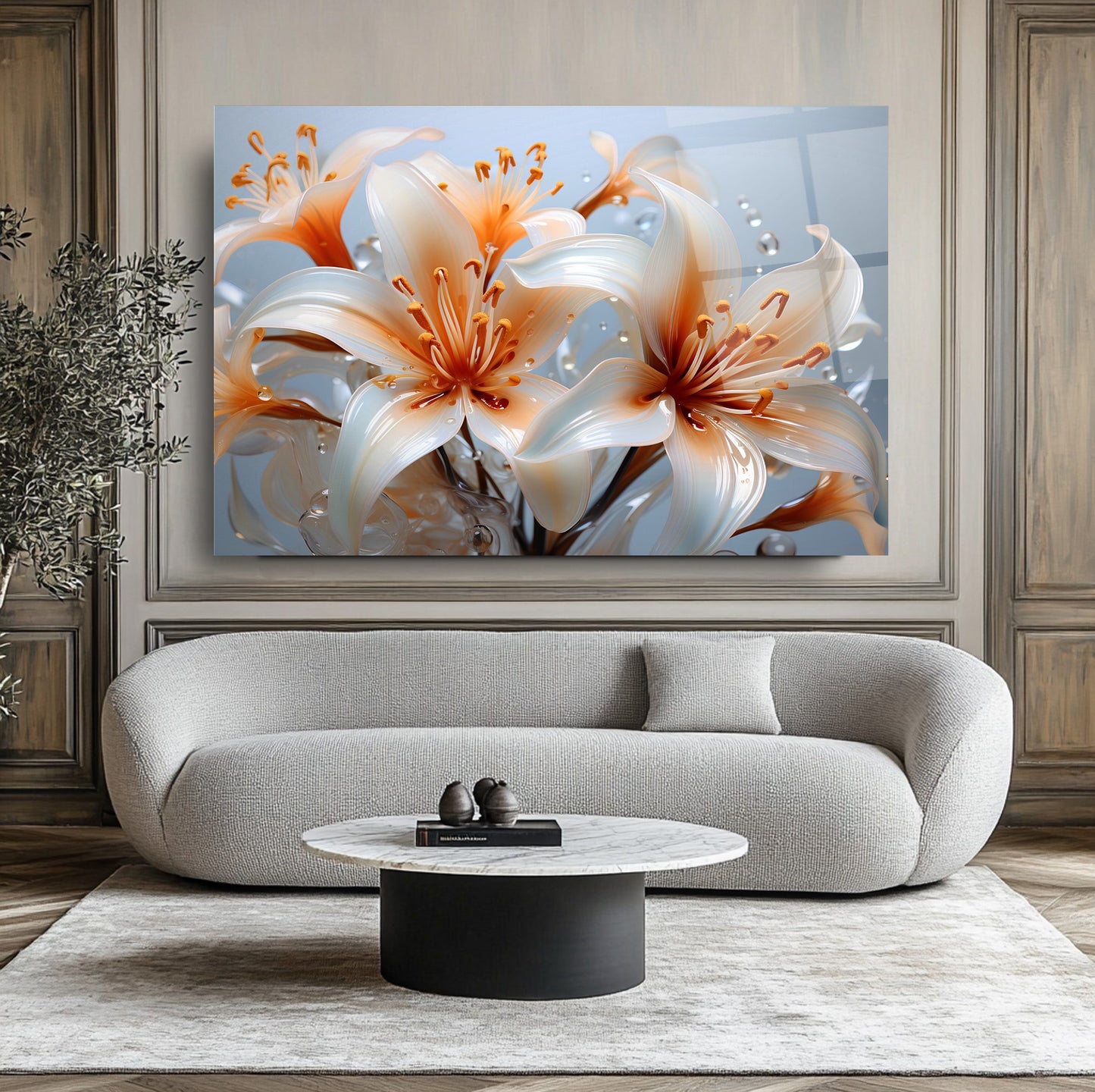 Turuncu Beyaz Çiçekler Cam Tablo
