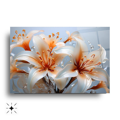 Turuncu Beyaz Çiçekler Cam Tablo