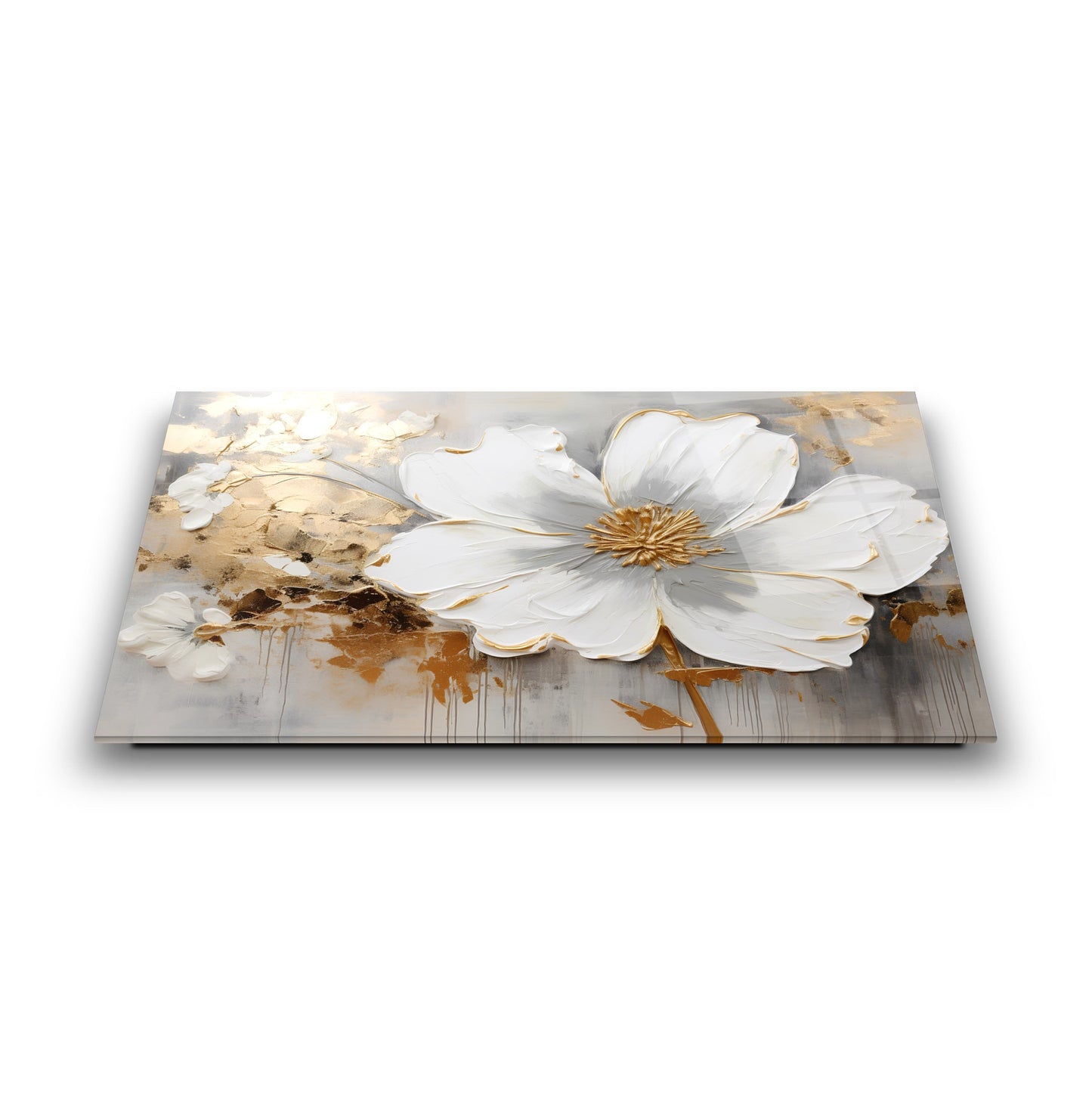 Gold Detay Beyaz Çiçek Cam Tablo
