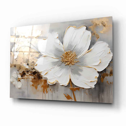 Gold Detay Beyaz Çiçek Cam Tablo