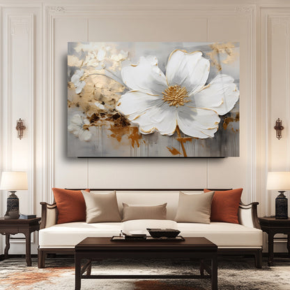 Gold Detay Beyaz Çiçek Cam Tablo