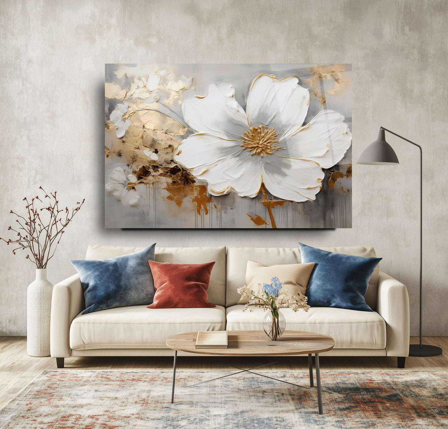 Gold Detay Beyaz Çiçek Cam Tablo