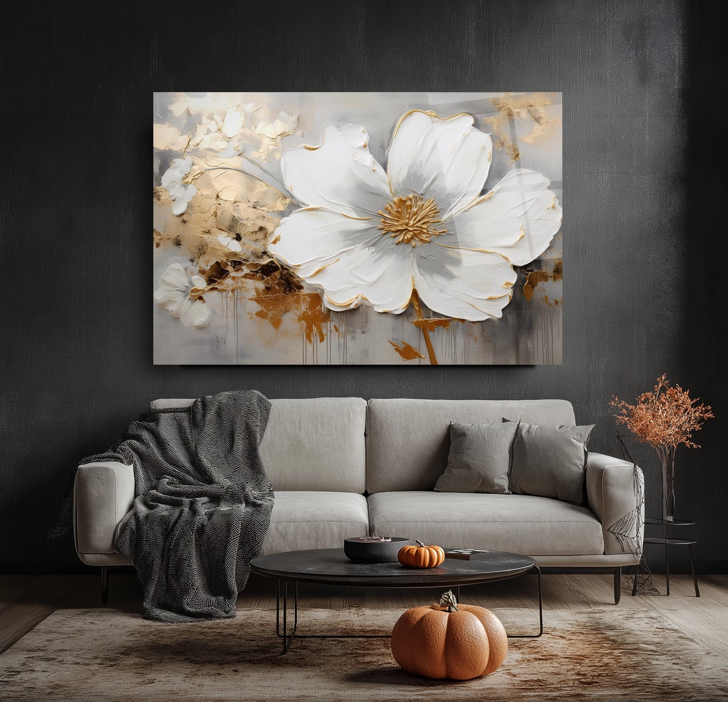 Gold Detay Beyaz Çiçek Cam Tablo