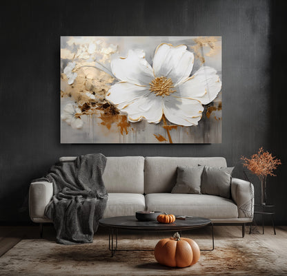 Gold Detay Beyaz Çiçek Cam Tablo