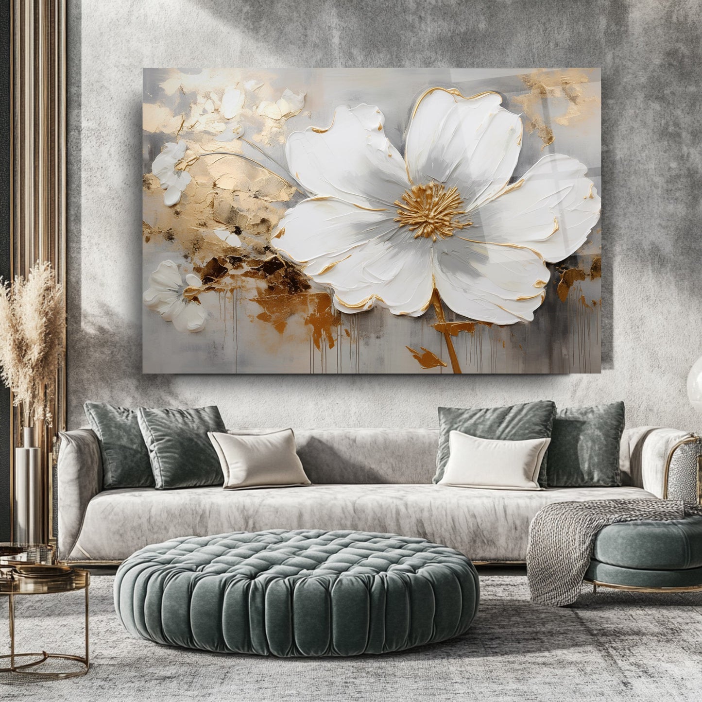 Gold Detay Beyaz Çiçek Cam Tablo