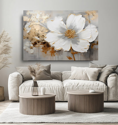 Gold Detay Beyaz Çiçek Cam Tablo