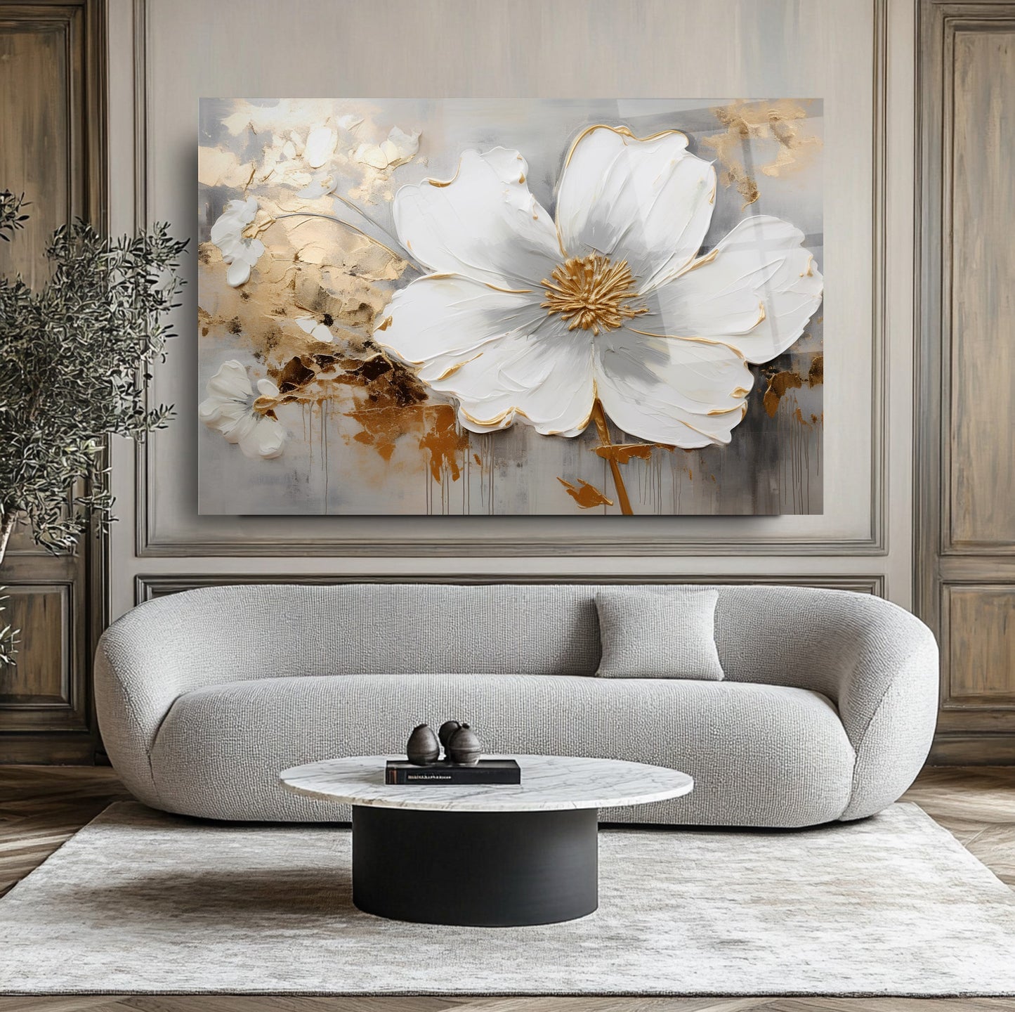 Gold Detay Beyaz Çiçek Cam Tablo