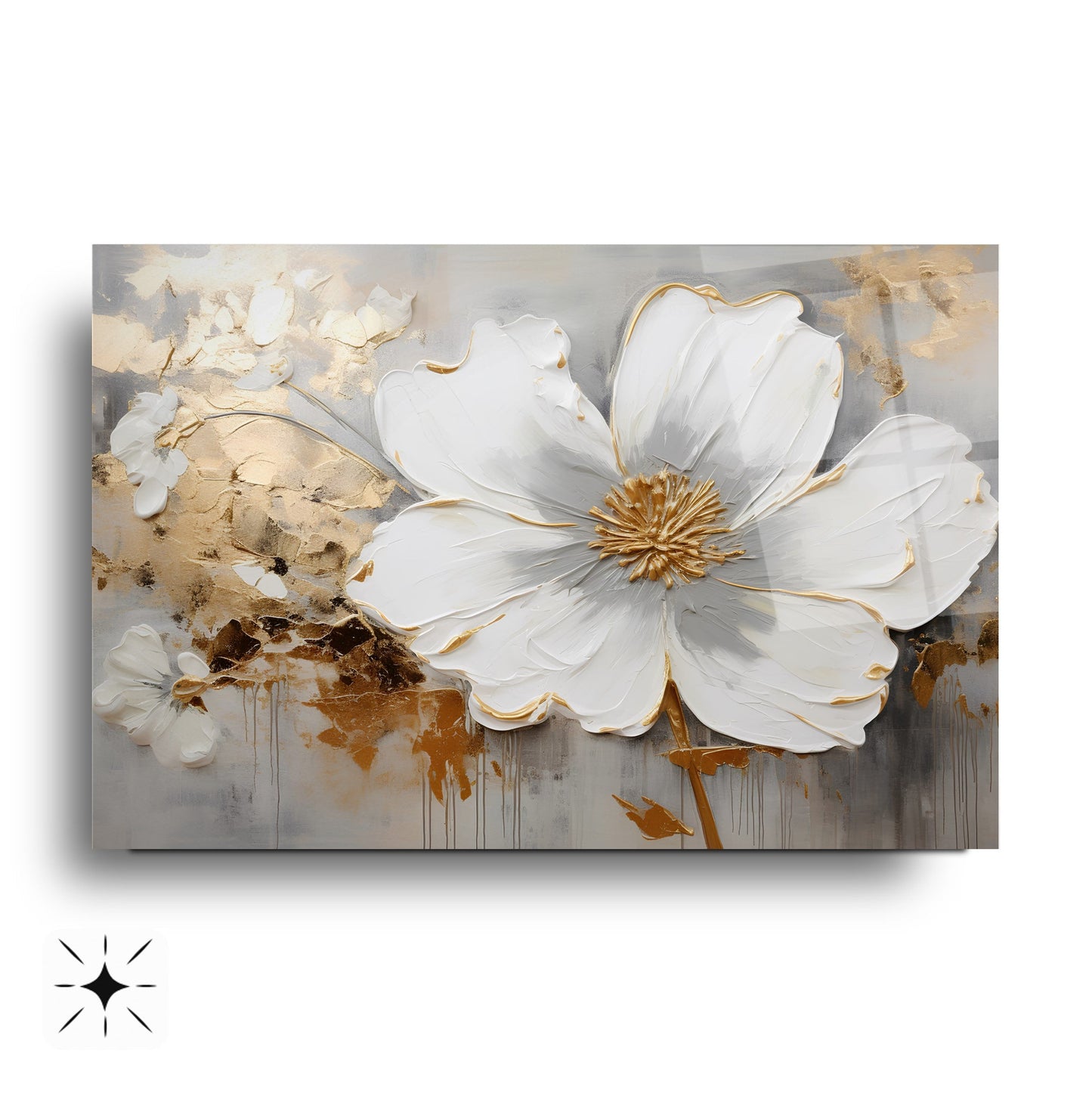 Gold Detay Beyaz Çiçek Cam Tablo