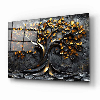 Gold Yapraklı Hayat Ağacı Cam Tablo
