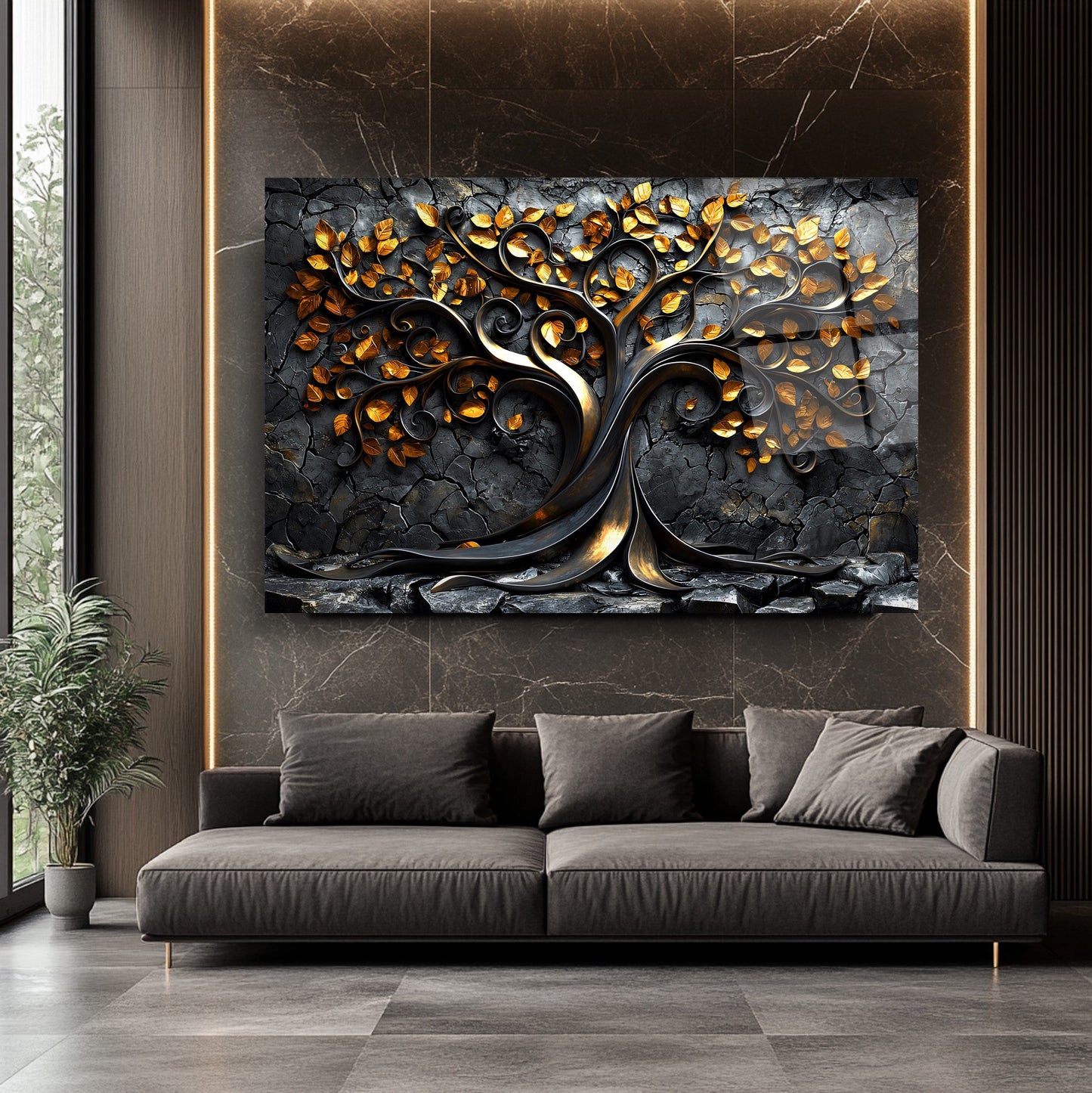 Gold Yapraklı Hayat Ağacı Cam Tablo
