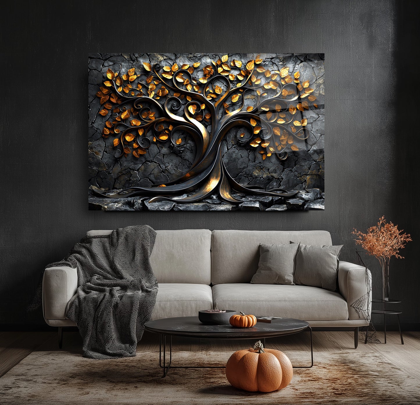 Gold Yapraklı Hayat Ağacı Cam Tablo