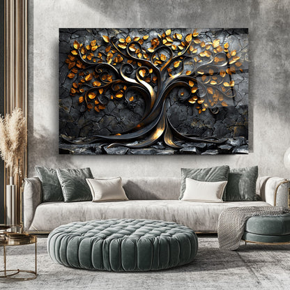 Gold Yapraklı Hayat Ağacı Cam Tablo