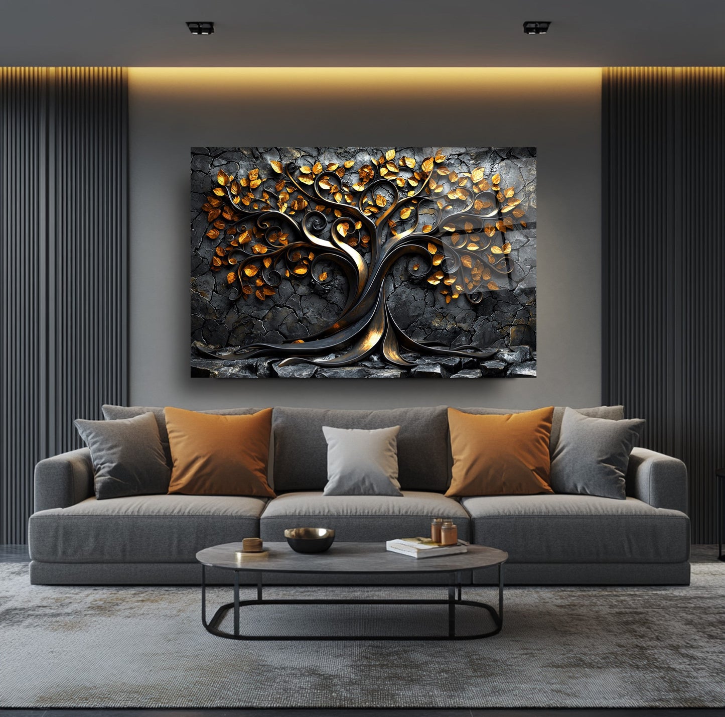 Gold Yapraklı Hayat Ağacı Cam Tablo