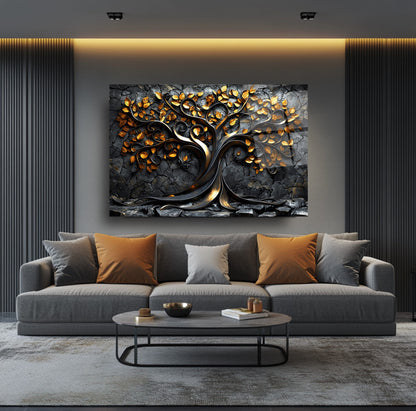 Gold Yapraklı Hayat Ağacı Cam Tablo