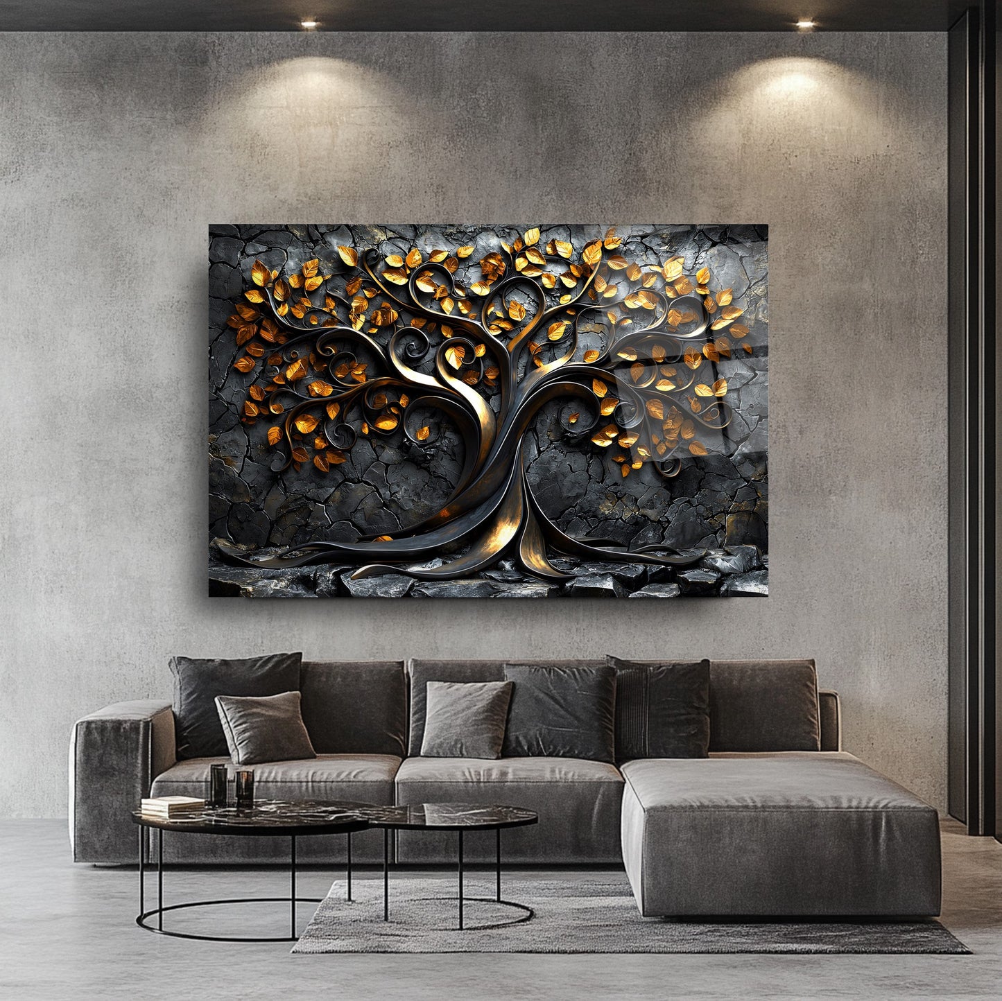 Gold Yapraklı Hayat Ağacı Cam Tablo