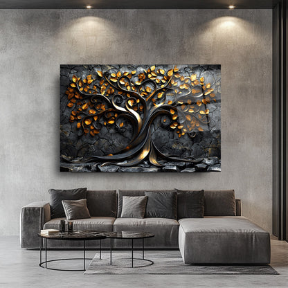 Gold Yapraklı Hayat Ağacı Cam Tablo