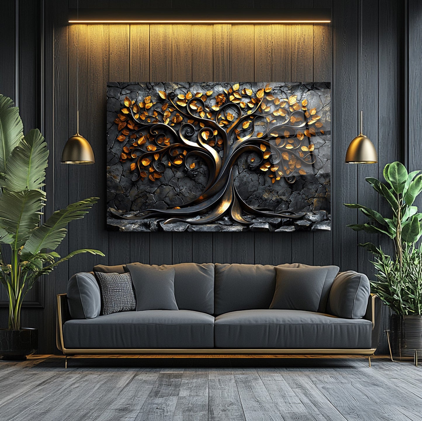Gold Yapraklı Hayat Ağacı Cam Tablo