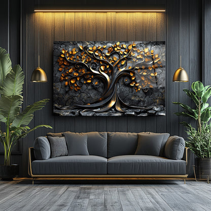 Gold Yapraklı Hayat Ağacı Cam Tablo