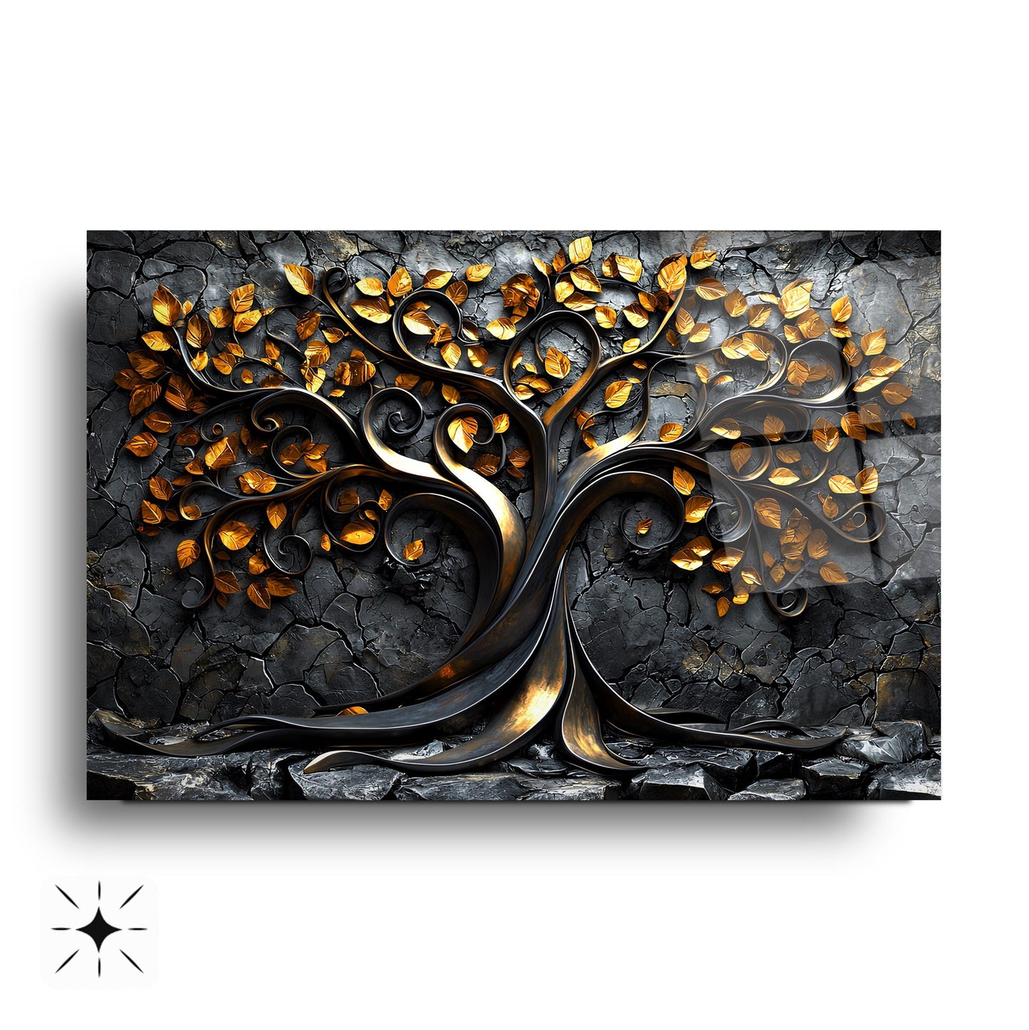 Gold Yapraklı Hayat Ağacı Cam Tablo