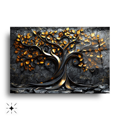 Gold Yapraklı Hayat Ağacı Cam Tablo