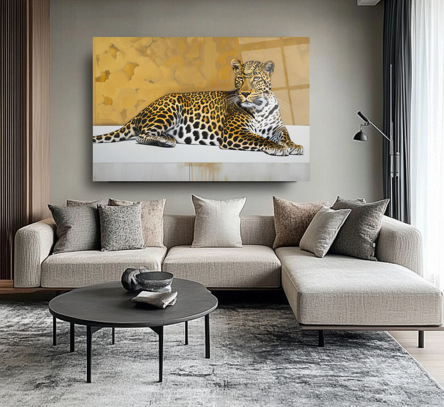 Gold Detaylı Leopar Cam Tablo