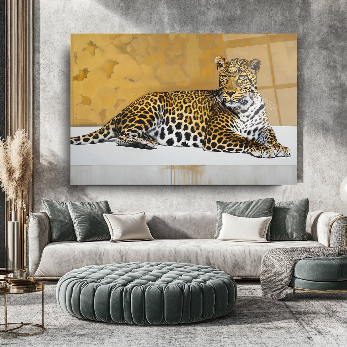 Gold Detaylı Leopar Cam Tablo