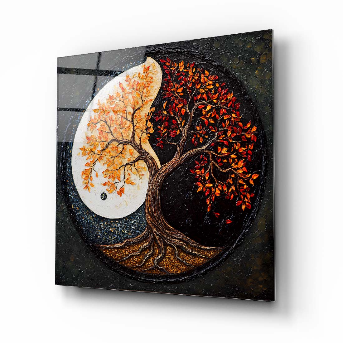 Ying Yang Hayat Ağacı Kare Cam Tablo