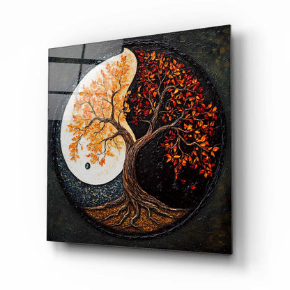 Ying Yang Hayat Ağacı Kare Cam Tablo