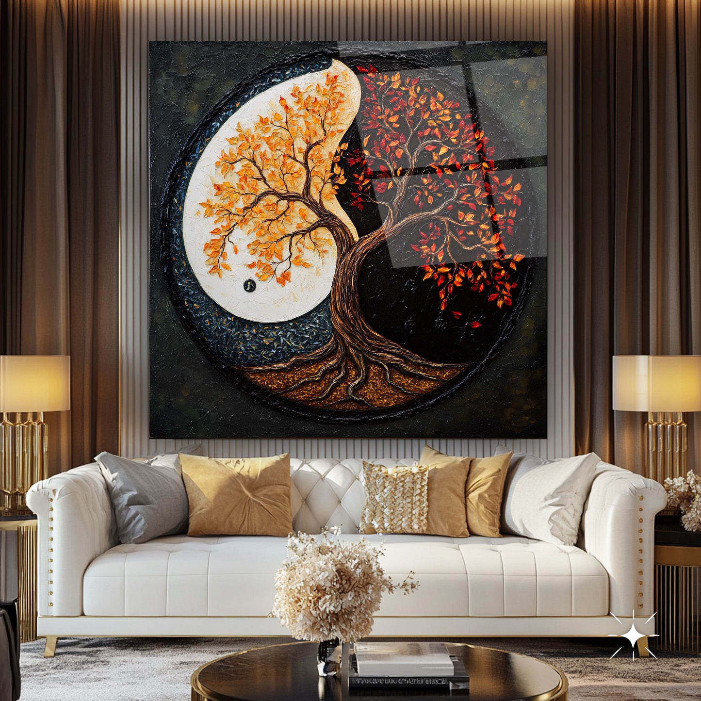 Ying Yang Hayat Ağacı Kare Cam Tablo