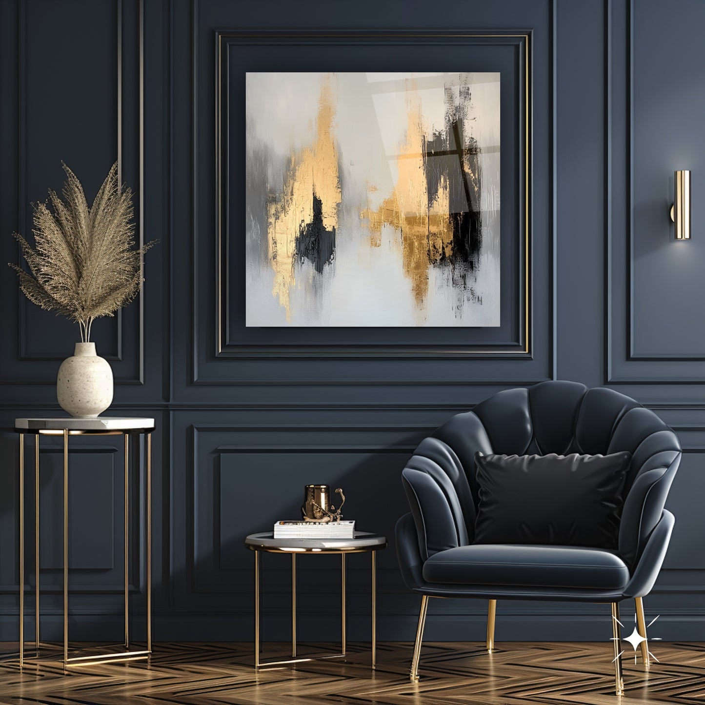 Minimal Soyut Gold Kare Cam Tablo