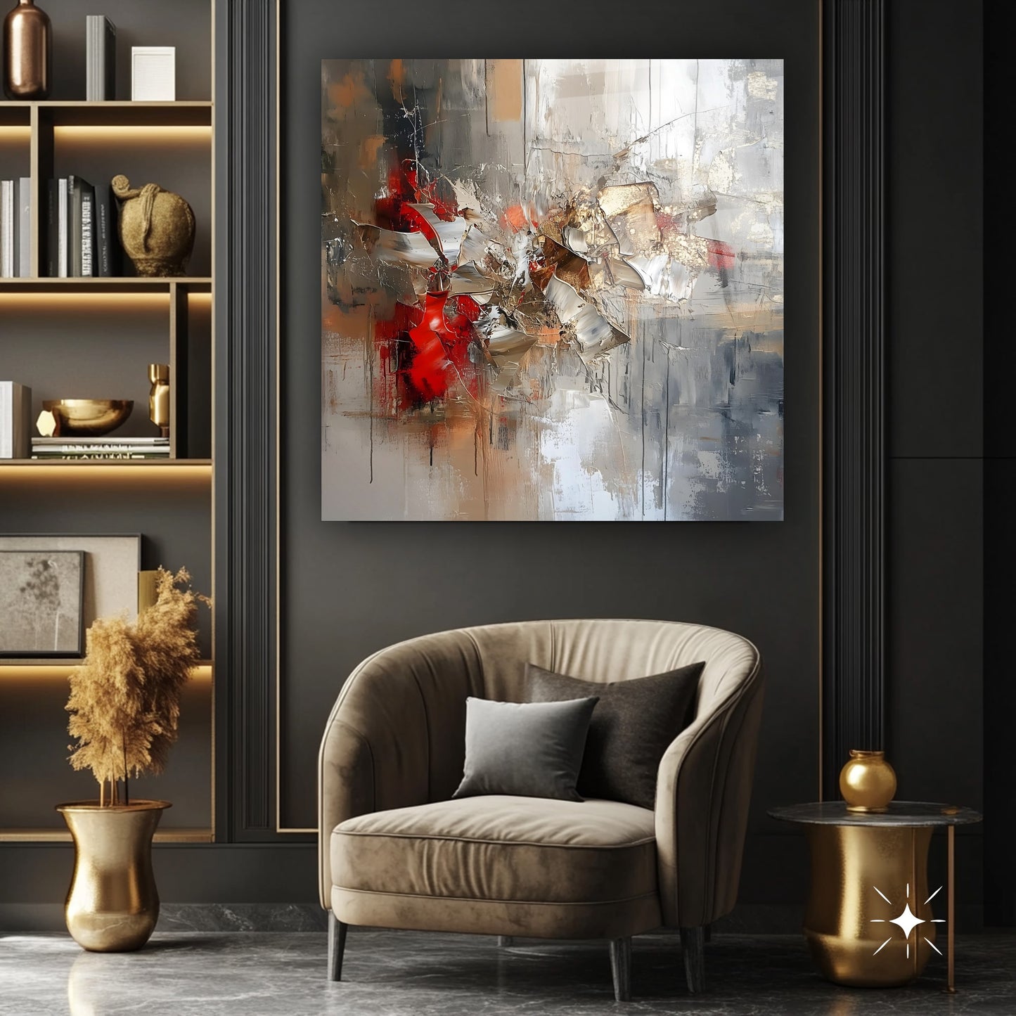 Gri Gold Soyut Kare Cam Tablo