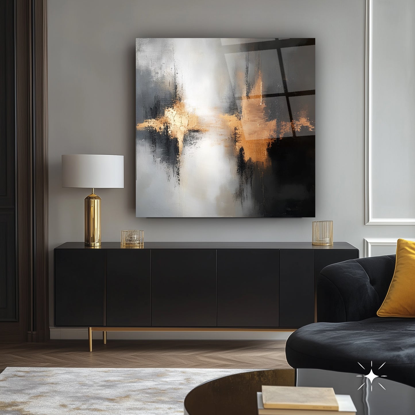 Gri Siyah Gold Soyut Kare Cam Tablo
