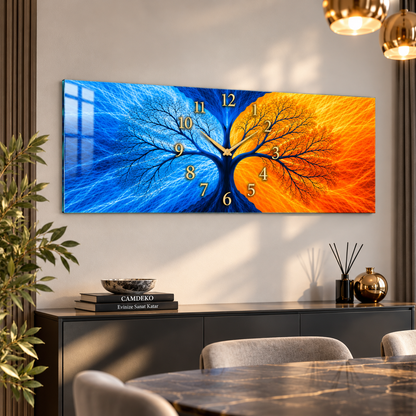 Mavi turuncu hayat ağacı panoramik cam duvar saati gerçek ölçekli mekan görünümü