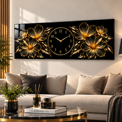 Siyah gold çiçekli panoramik cam duvar saati premium salon