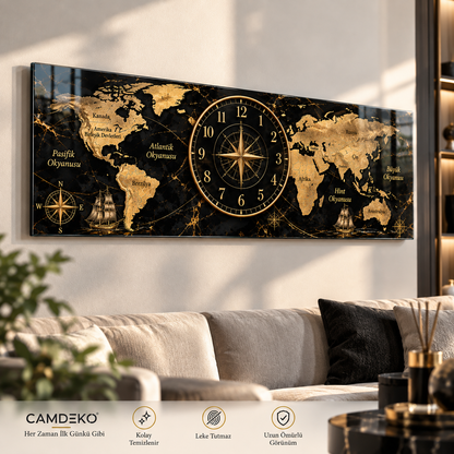 Siyah gold dünya haritası panoramik cam duvar saati premium mekan