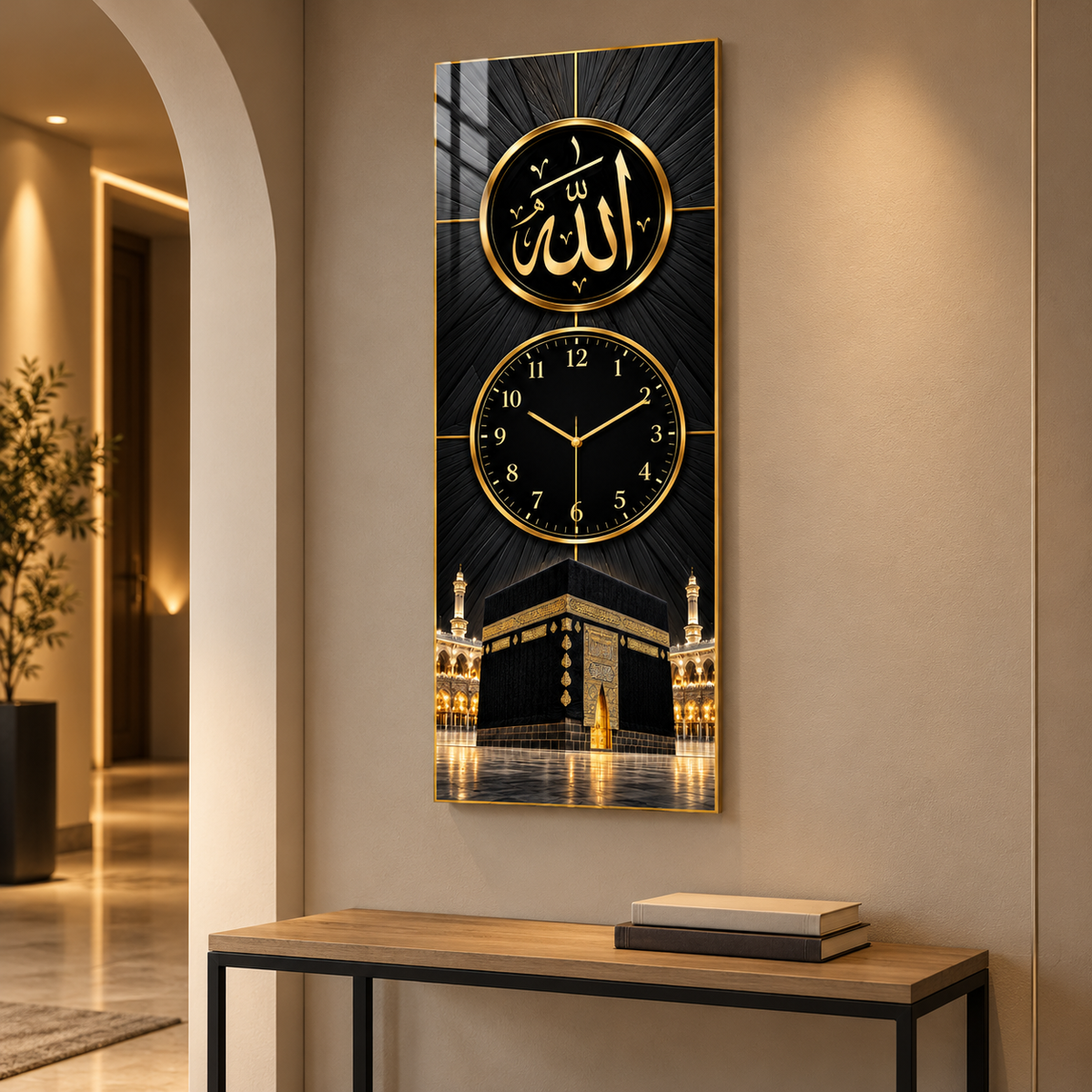Allah lafzı ve Kâbe Dikey Panoramik Cam Duvar Saati - antre görünümü