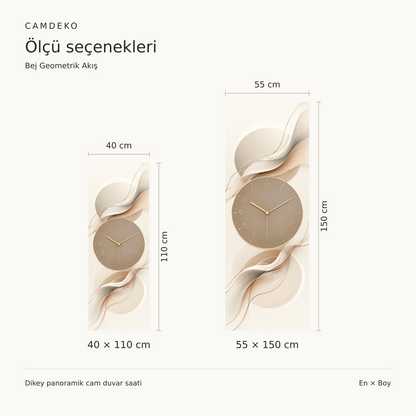 Bej Geometrik Akış Dikey Panoramik Cam Duvar Saati — 40 × 110 ve 55 × 150 cm ölçü seçenekleri