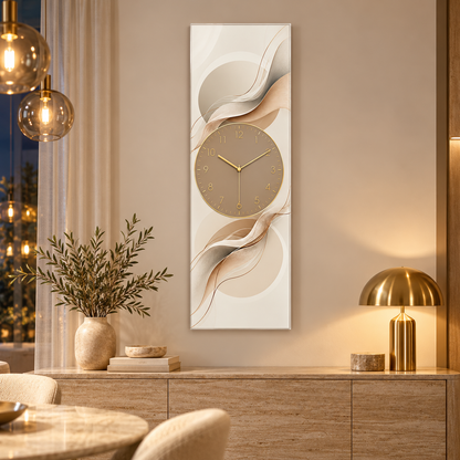 Bej Geometrik Akış Dikey Panoramik Cam Duvar Saati — alternatif mekân