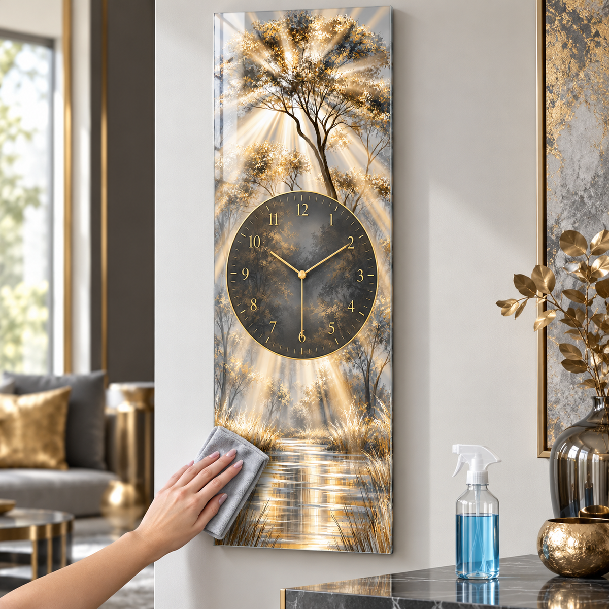 Altın Işıklı Sisli Orman Dikey Panoramik Cam Duvar Saati — mikrofiber bezle temizlik