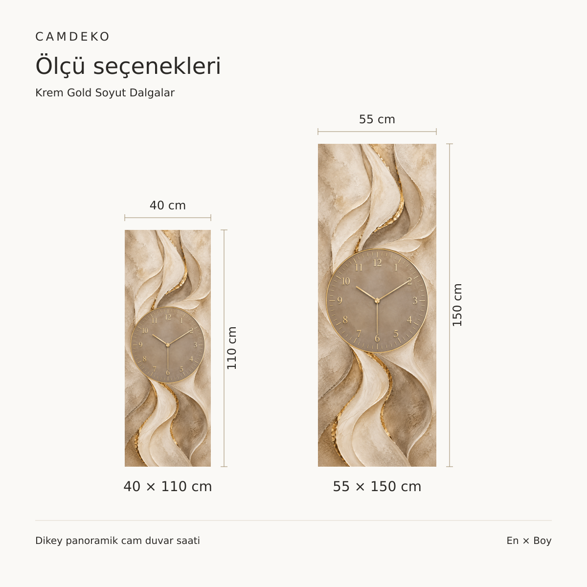 Krem Gold Soyut Dalgalar Dikey Panoramik Cam Duvar Saati — 40 × 110 ve 55 × 150 cm ölçü seçenekleri